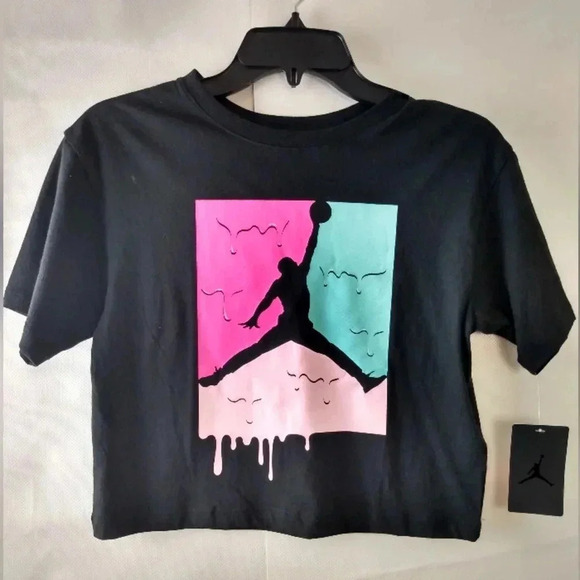 Jordan Big Girls Jumpman Drip Graphic Tee Short Sleeve Crop Top Shirt - Picture 2 of 3